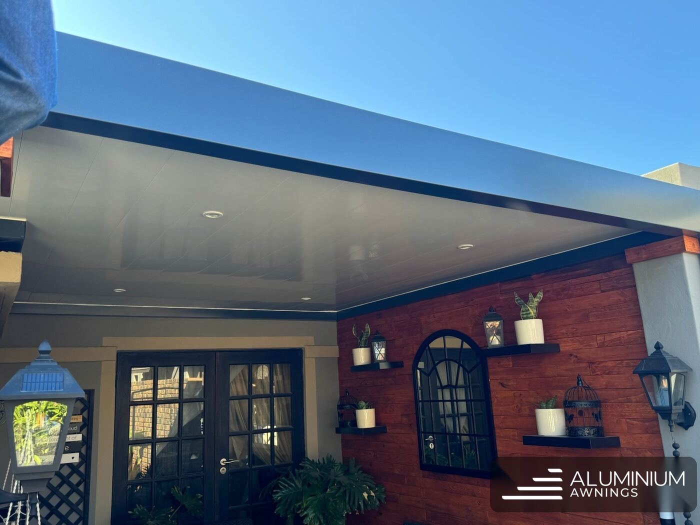 Aluminium ceiling awning in charcoal frame with white ceiling panels — Durbanville, Cape Town Northern Suburbs